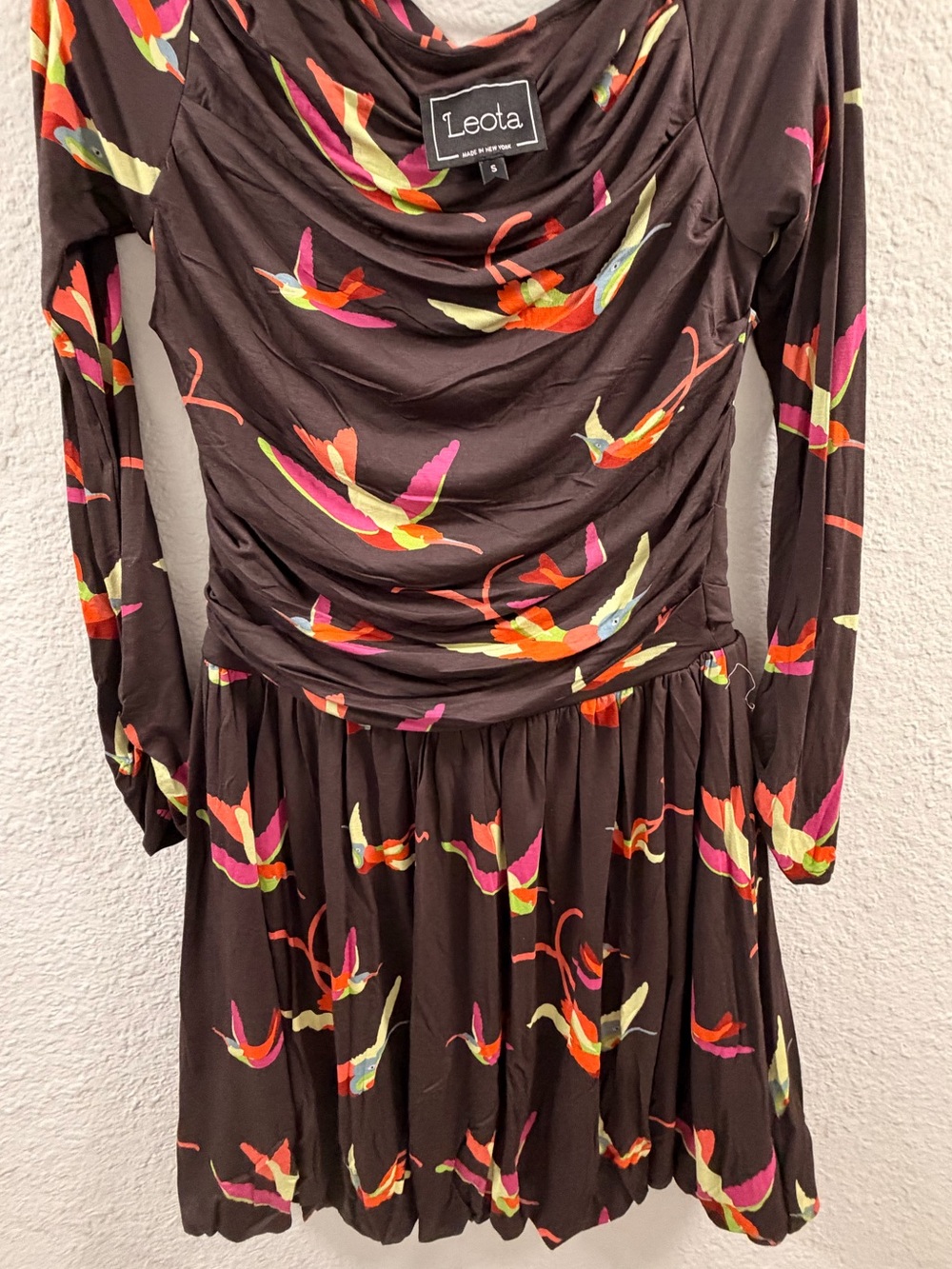 Anthropology Leota Long-Sleeve Dress with Multicolor Bird Print